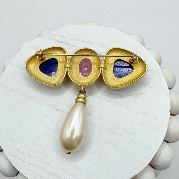 Vintage Mogul Style Pink Faux Gripoix Gold Tone Large Brooch Pin With Drop Pearl - Picture 5 of 9